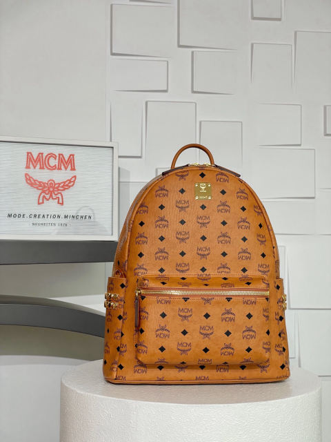 MCM Strak Visetos Cognac Medium Studded Backpack