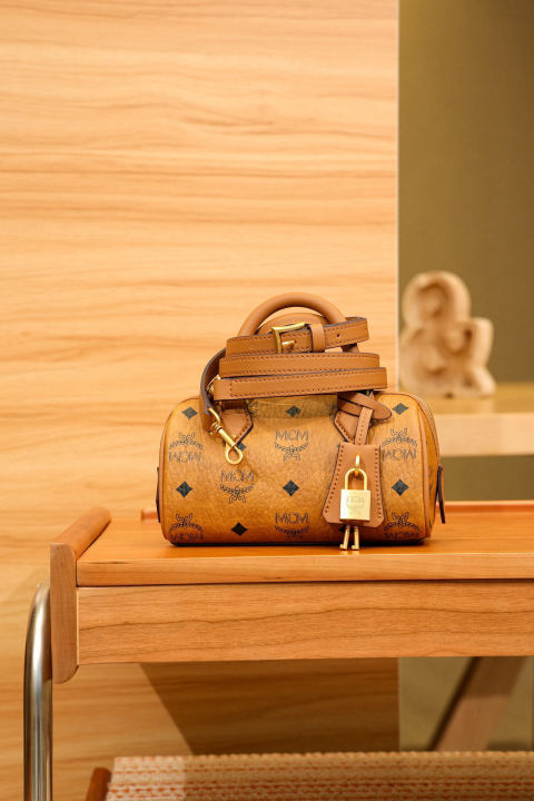 MCM Ella Visetos Cognac Mini Boston Padlock Bag