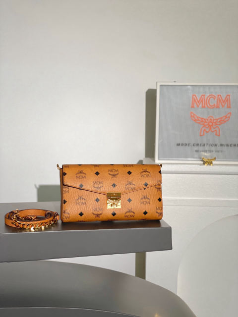 MCM TRACY VISETOS Medium Envelope Bag with Leather Shoulder Strap and Chain