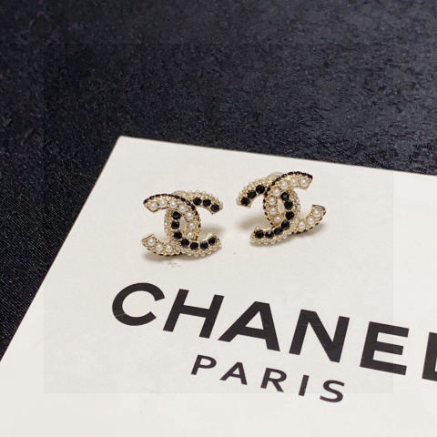 Chanel double C stud earrings with pearls and black diamonds