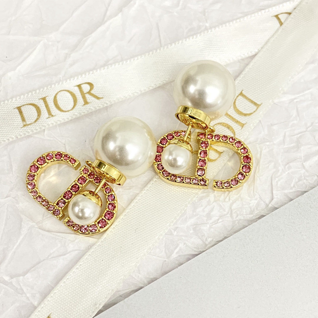 Dior earrings, double pink diamond CD pendant earrings