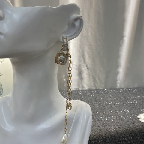 Chanel asymmetrical AB pearl double C square stud earrings