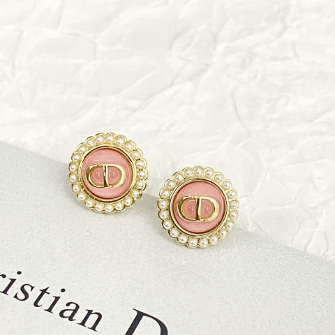 Dior pink button pearl stud earrings