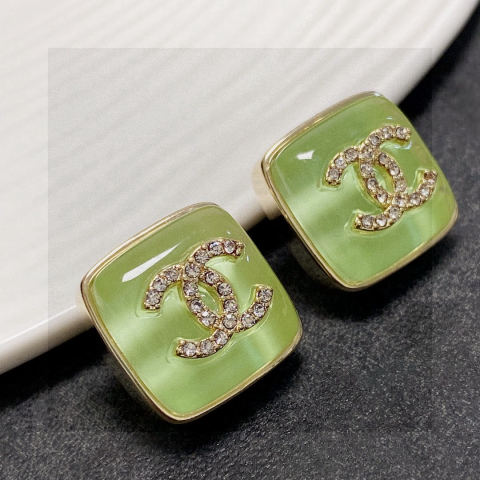 Chanel double C logo diamond-encrusted light green stud earrings