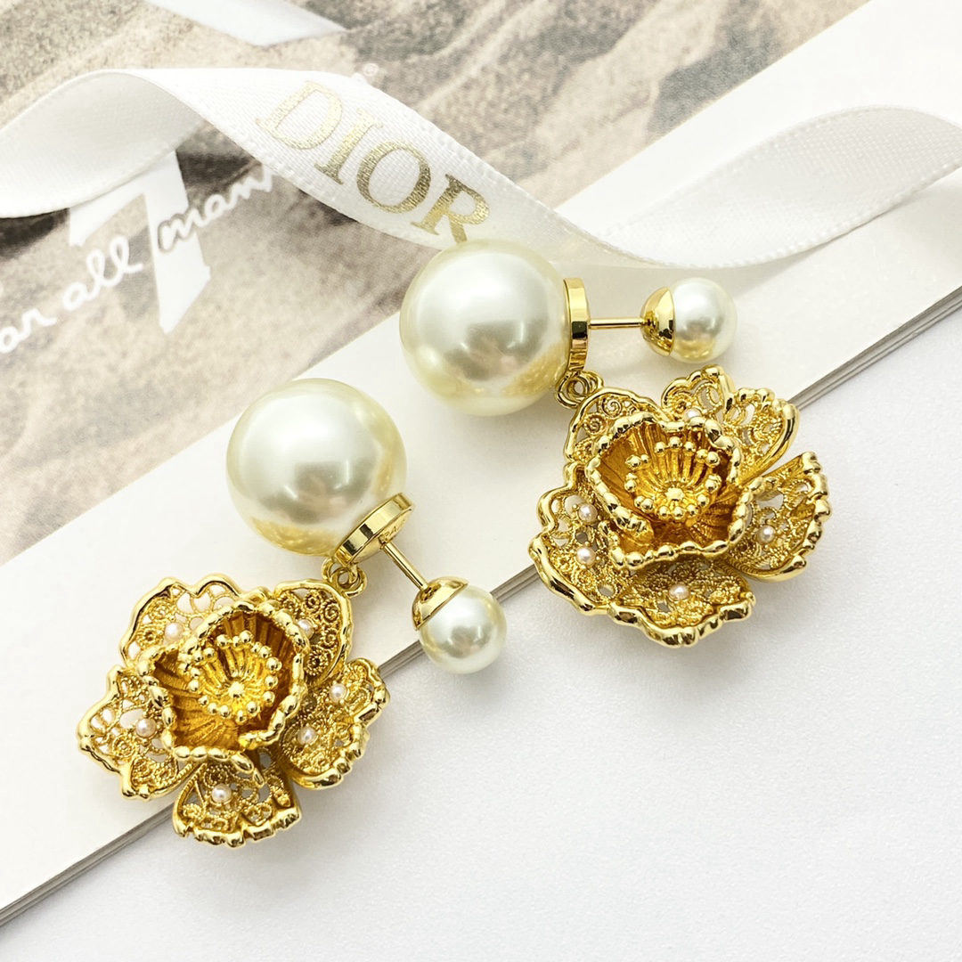 Dior Double Pearl Gold Peony Earrings