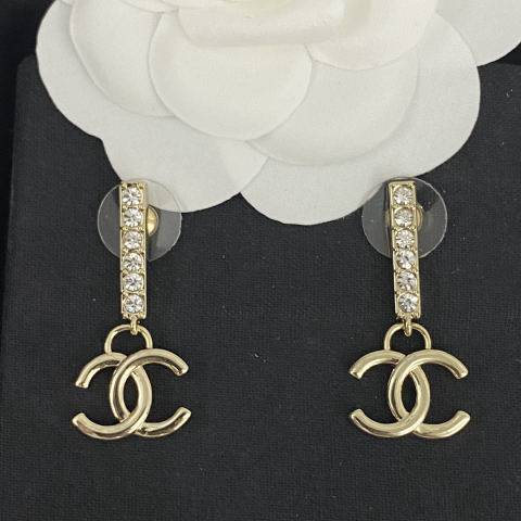 Chanel rhinestone pendant earrings, double C studs.